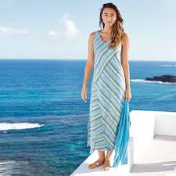 J Jill Liven Linen Lotus Blue Asymmetrical Patchwork Stripe V Neck Maxi Dress - Picture 2 of 9